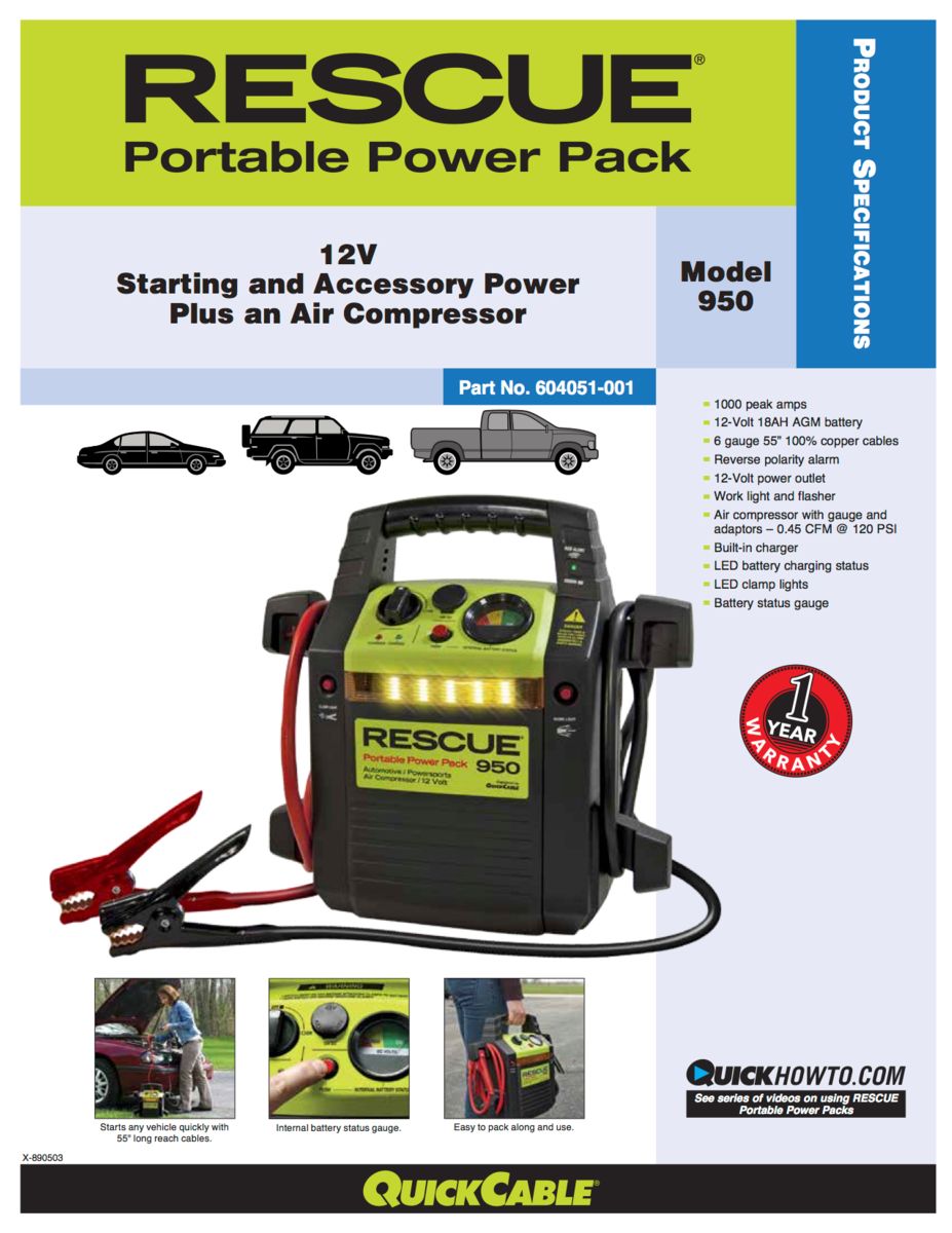 Rescue Portable Power Pack 950 Jump Starter & Air Compressor BRAND NEW!! 